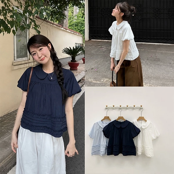 Áo Sơ Mi Babydoll Nữ Cổ Sen Tay Bồng, Áo Kiểu Form Suông Gấu Bèo Nhiều Tầng Tiểu Thư Vintage Hàn Quốc Hot Trend