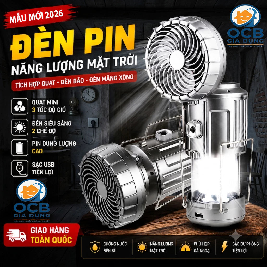 [MẪU MỚI 2026] Đèn bão LED Năng Lượng Mặt Trời Đa Năng 3 Trong 1, sạc điện thoại tiện lợi tích hợp quạt, đèn pin