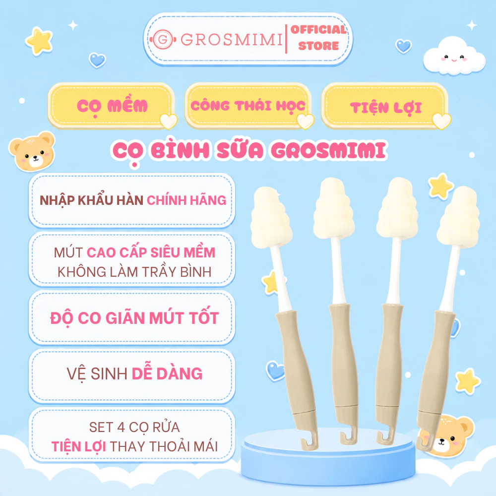 [Set 4 Cọ Rửa Bình] Set Cọ Núm, Bình Grosmimi - Bộ Cọ Rửa Đa Năng - Nhập Khẩu Chính Hãng Từ Hàn