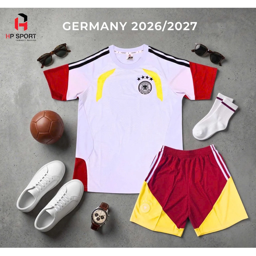Đức Trắng Đỏ 2026 (Có In Tên Số) Bộ Quần Áo Bóng Đá Thun Mè Cao Cấp Thoáng Mát Logo Thêu