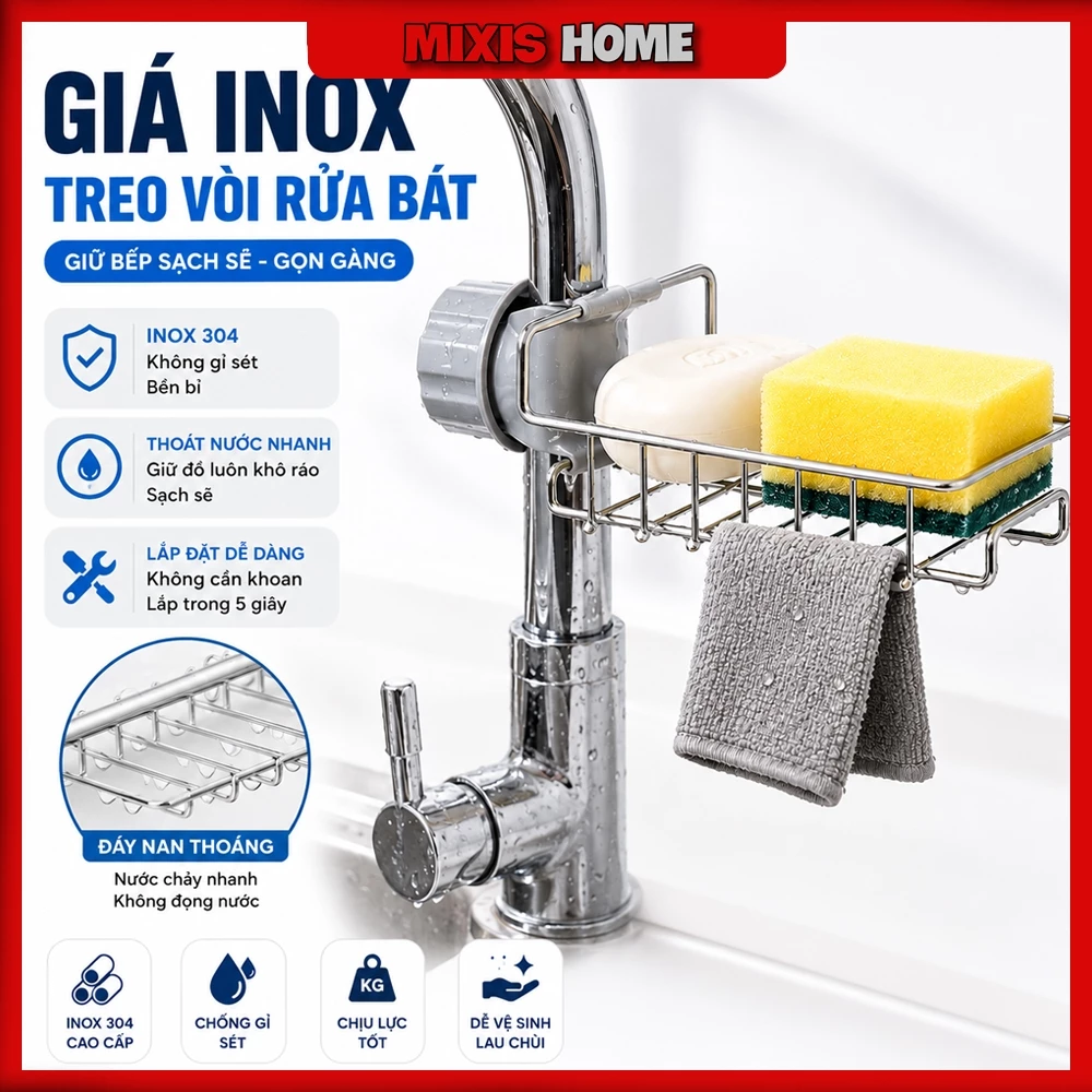 Giá Inox Treo Vòi Đựng Giẻ Rửa Bát Đa Năng Inox 304 Chống Gỉ Gọn Gàng Tiện Dụng Cho Nhà Bếp - GD317