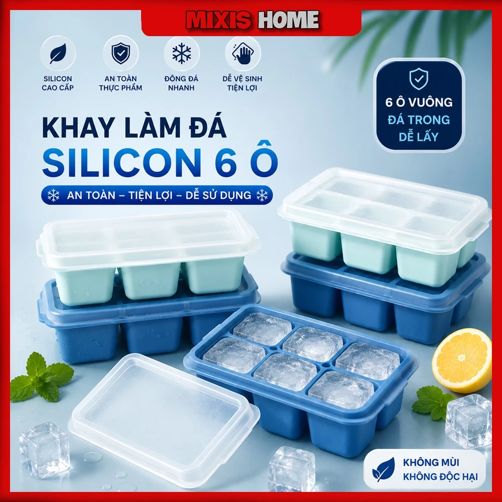 Khay Làm Đá Silicon 6 Ô Khuôn Làm Đá Làm Thạch Trái Cây Có Nắp Đậy Ngăn Mùi Tủ Lạnh, Khay Đá 6 Ô - GD318
