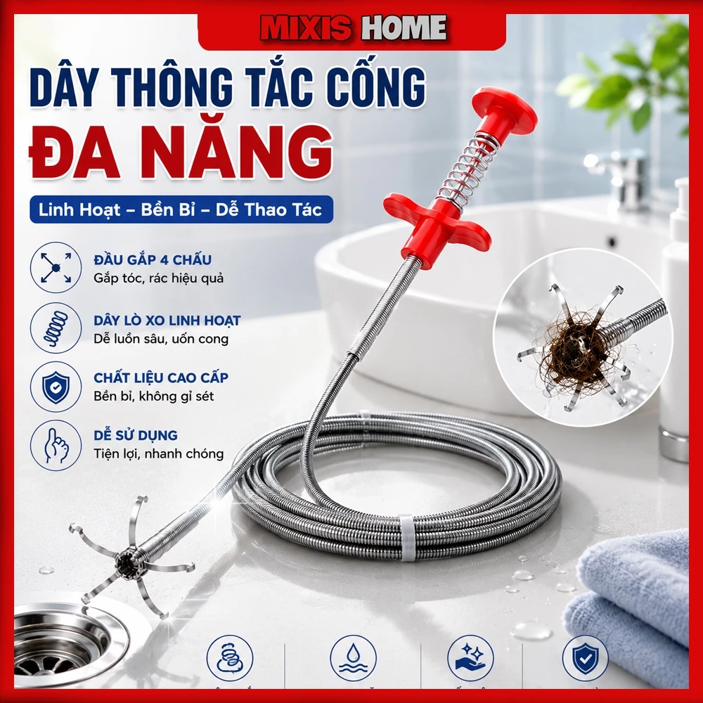 Dụng Cụ Thông Tắc Cống 60CM Cây Móc Rác Bồn Cầu Bồn Rửa Chén Có Kẹp Gắp Tóc Rác Thoát Nước Dễ Dàng - GD326