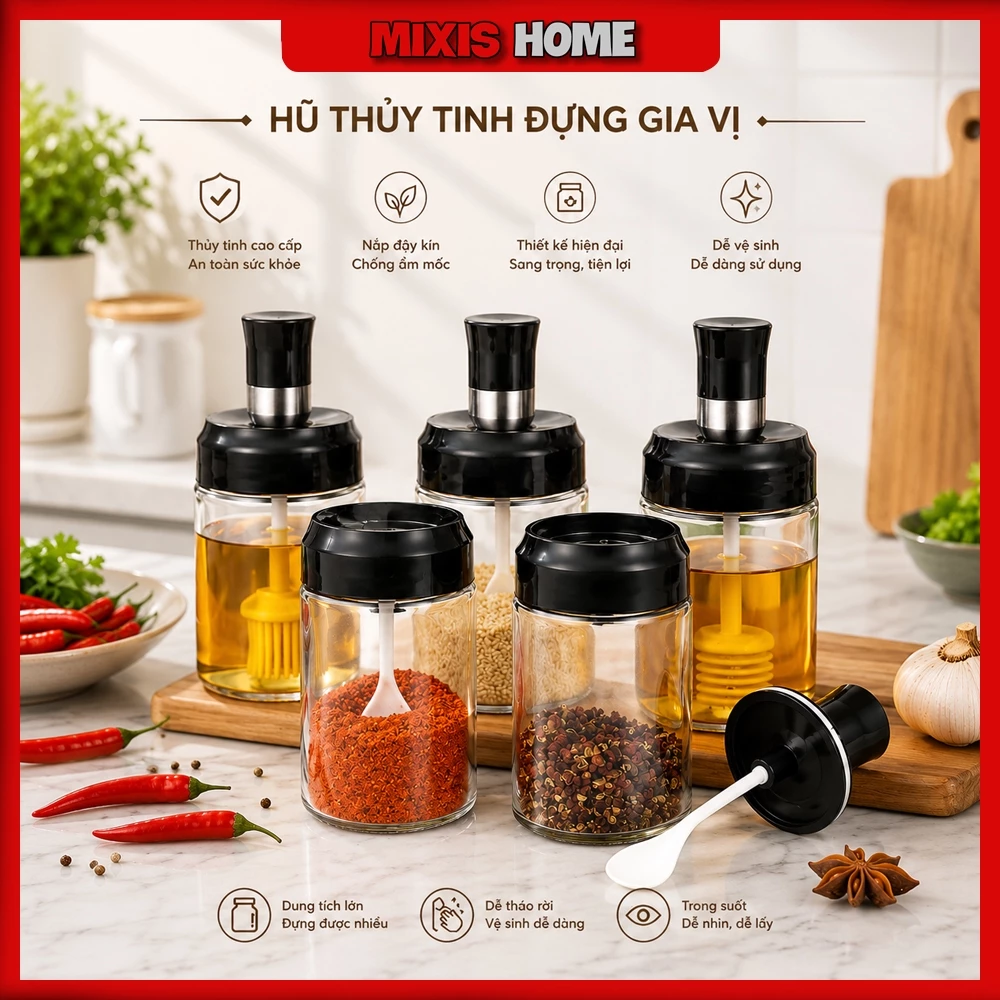 Hũ Đựng Gia Vị Thủy Tinh Kèm Thìa Thông Minh Lọ Đựng Gia Vị Có Nắp Kín Chống Ẩm Cho Nhà Bếp - GD347