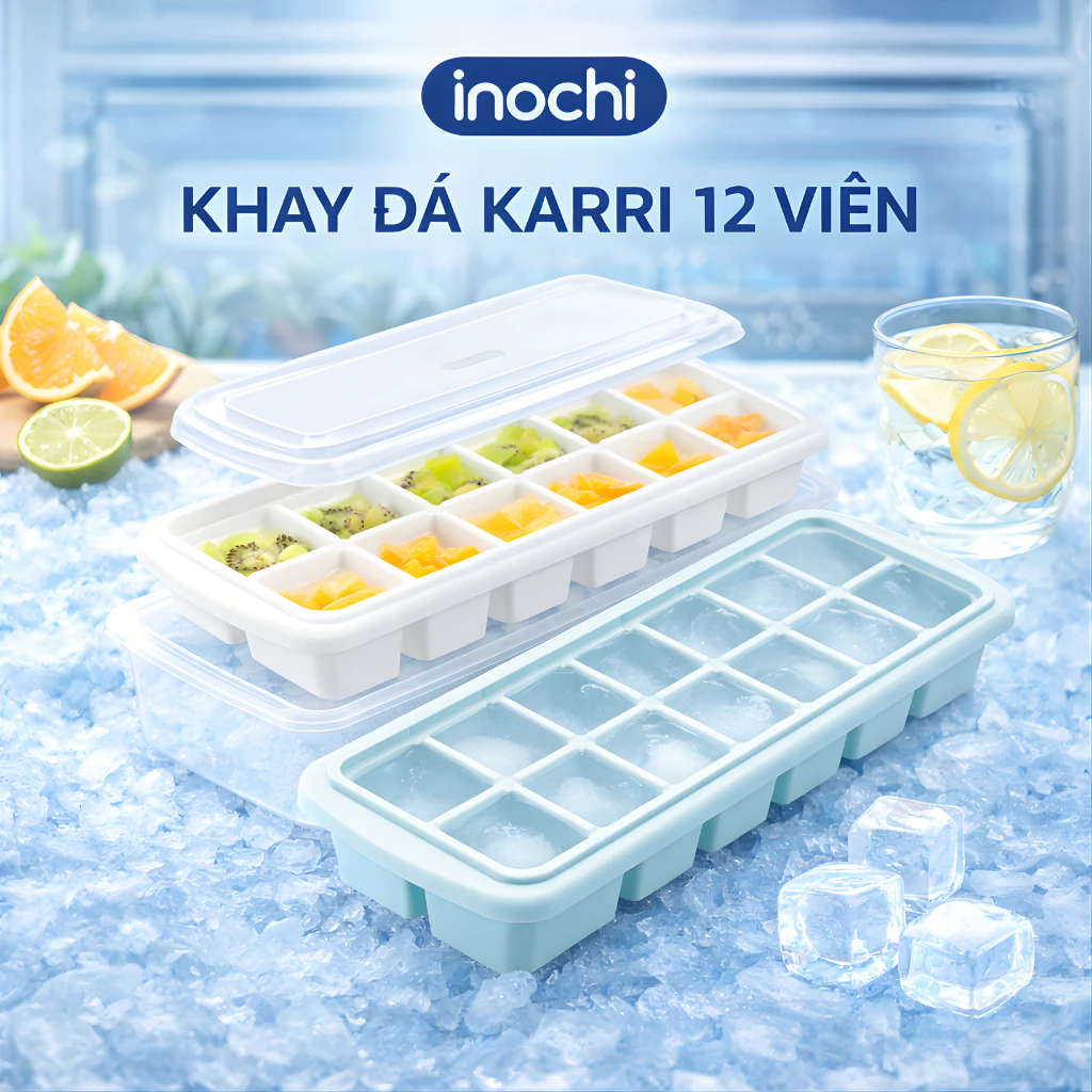 Khay đá - dụng cụ làm đá tủ lạnh bằng nhựa 12 viên Kari inochi, nhựa nguyên sinh phủ Ag kháng khuẩn