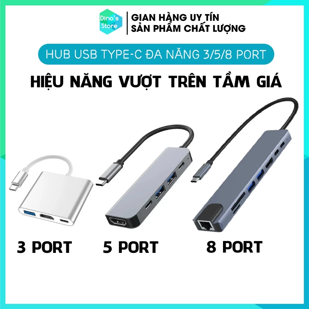 Hub chuyển đổi Type C to USB 3.0 HDMI 4k Card Reader Lan HUB chia cổng chuyển đổi 3 5 8 in 1 DinoStore