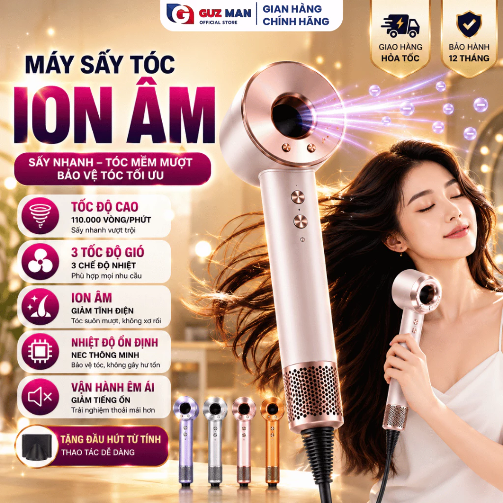 Máy Sấy Tóc ION Âm Cao Cấp 2200W - Sấy Nhanh 3 Mức Gió 3 Chế Độ Nhiệt Giảm Xơ Rối Êm Ái