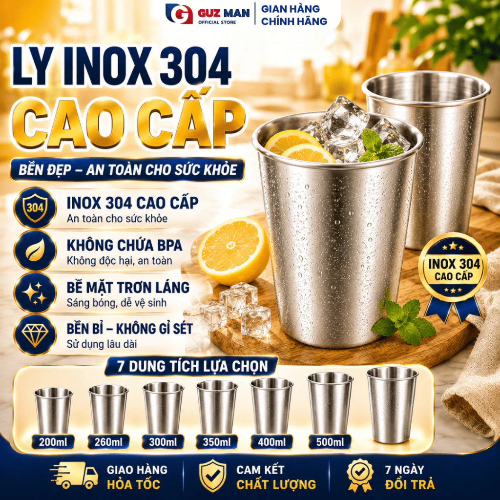 Ly inox 304 Cao Cấp 1 Lớp Dung Tích 260-600ml kiểu Hàn Quốc  không giữ nhiệt, an toàn cho sức khỏe