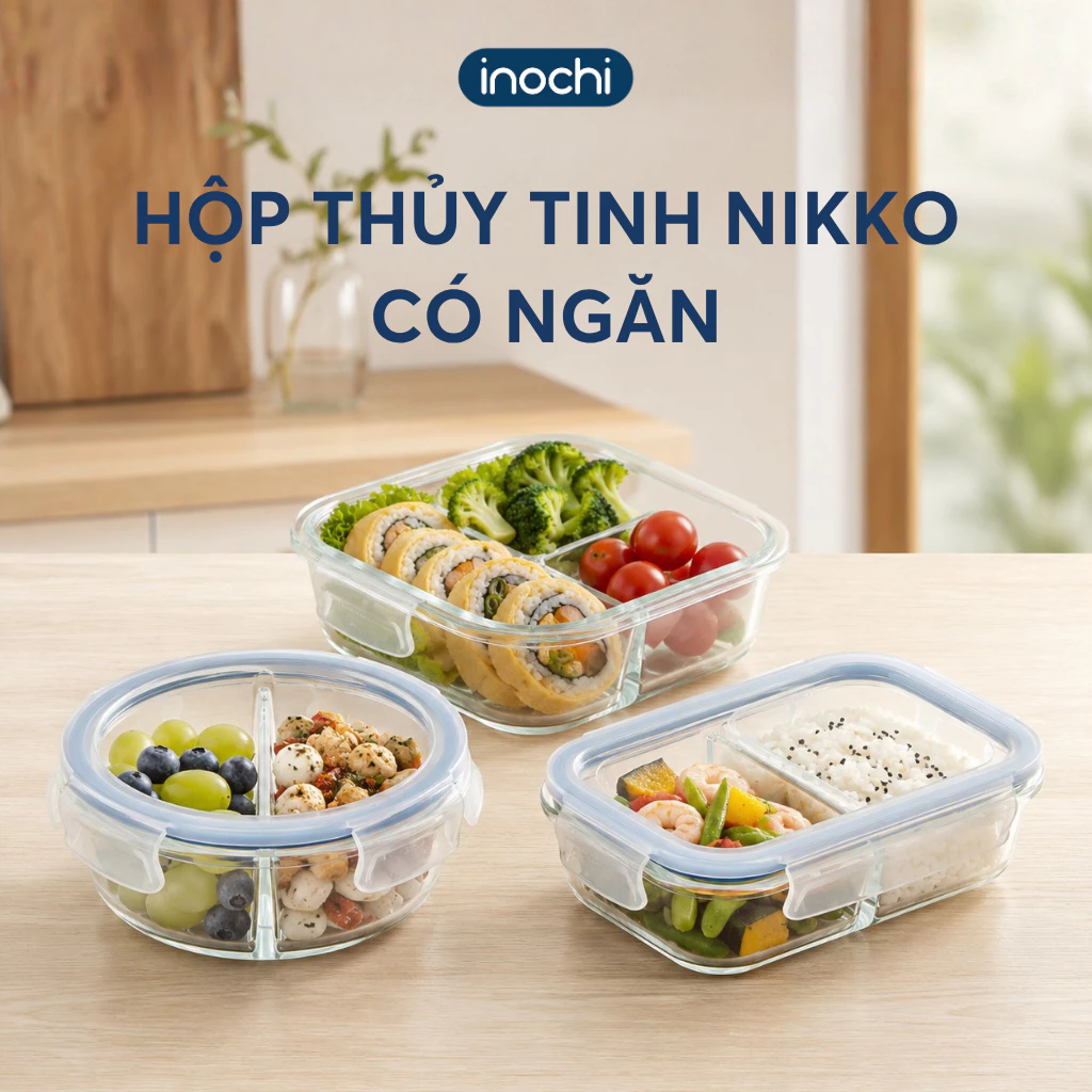 Hộp cơm thủy tinh đựng thức ăn văn phòng 2,3 ngăn NIKKO INOCHI chính hãng