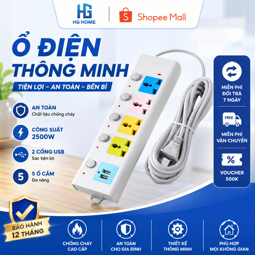 Ổ Cắm Điện Đa Năng HGHOME Chịu Tải 2500W Có Cổng USB, Chốt Bấm Chống Giật An…