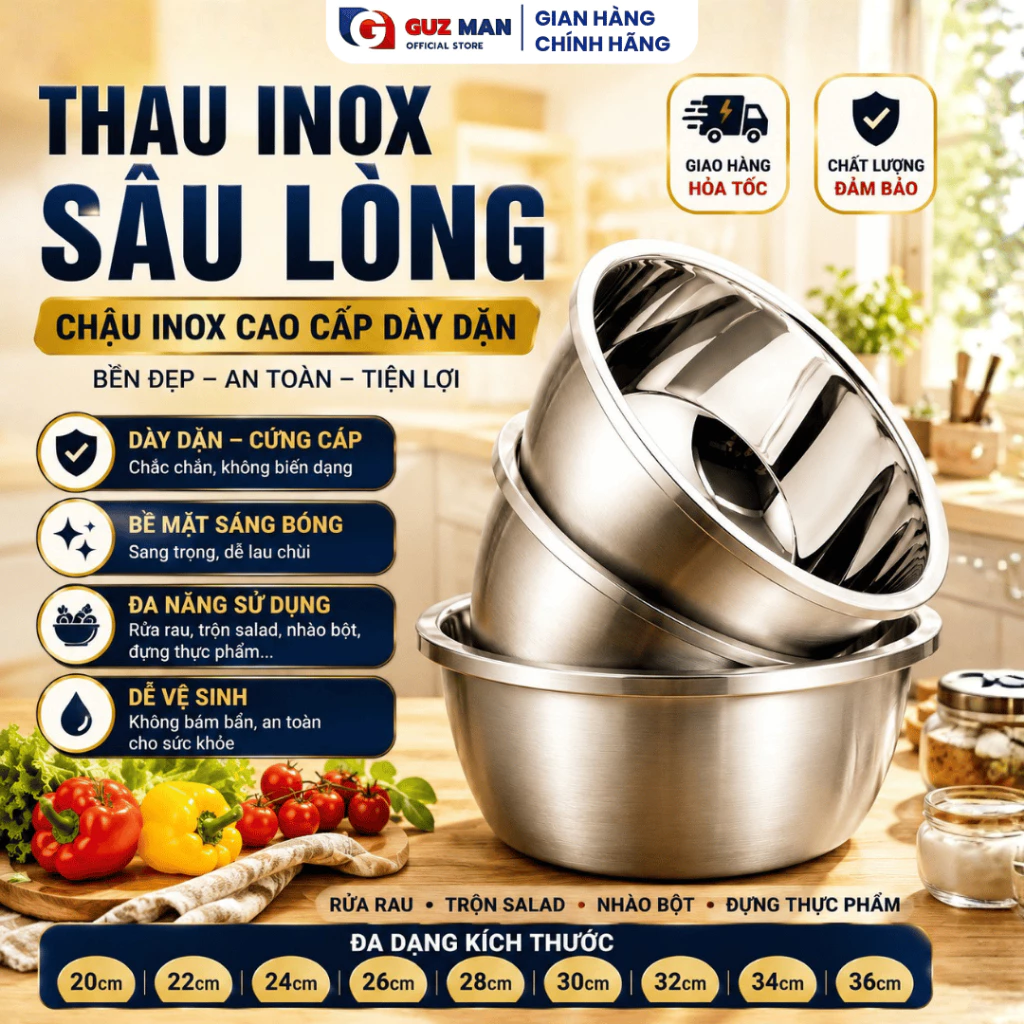 Thau Inox Cao Cấp Sâu Lòng Dày Dặn Đa Năng Dùng Trộn Thực Phẩm Rửa Rau Củ Trái Cây Đựng Thức Ăn Dùng