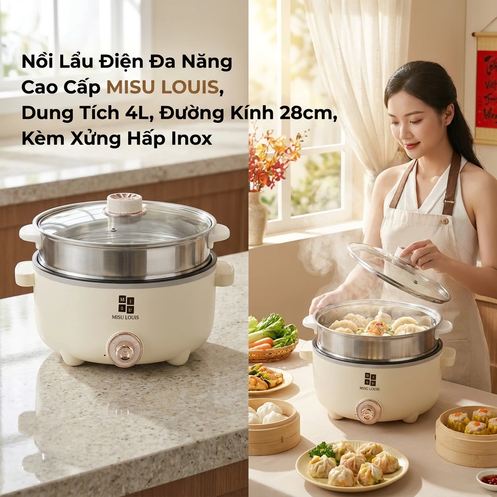 Nồi Lẩu Điện Dung Tích 4L MISU LOUIS Kèm Xửng Hấp Inox Phù Hợp Gia Đình Nhỏ