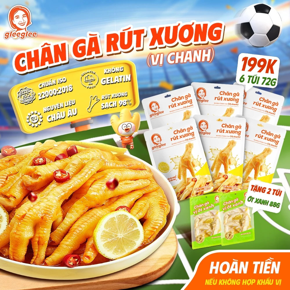 Combo Túi Chân Gà Rút Xương GleeGlee Vị CHANH 72g Tỉ lệ >98% Sạch Xương Ăn Liền Tiện Lợi Chuẩn ISO 22000, Túi