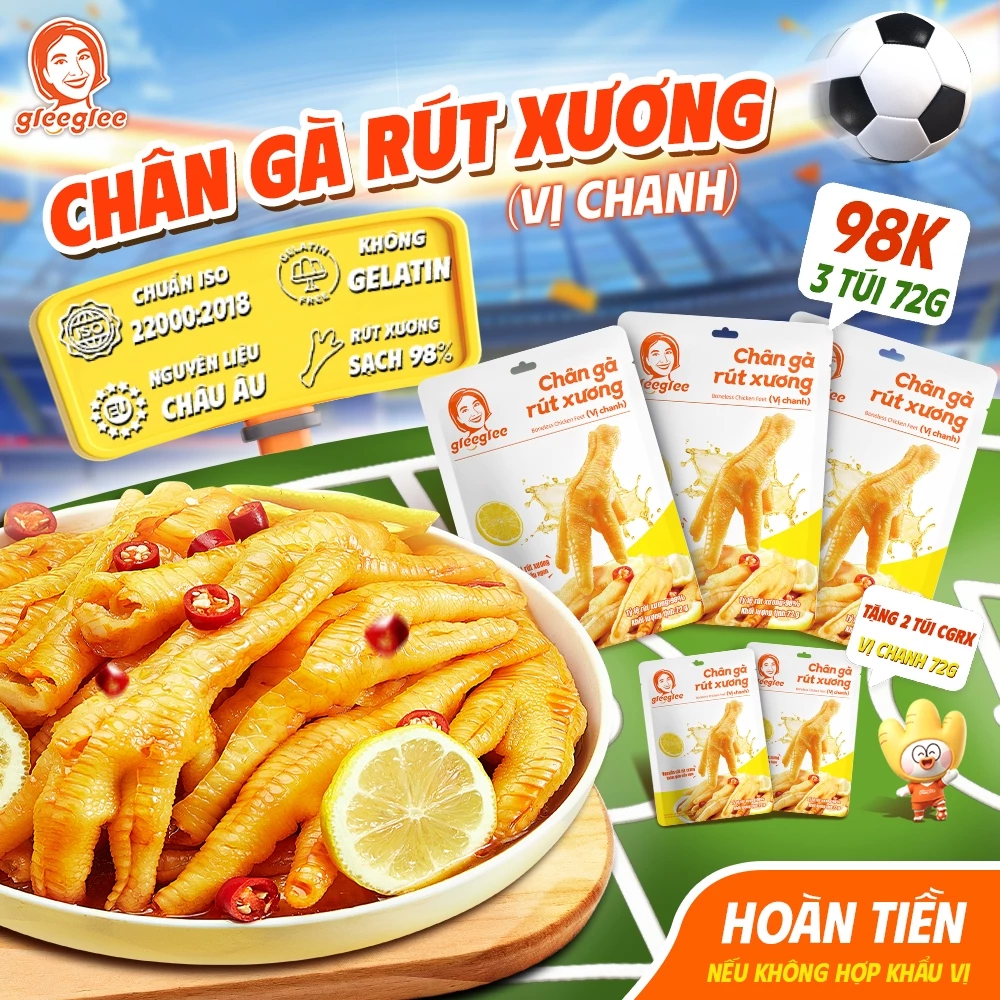 COMBO TÚI Chân Gà Rút Xương Glee Glee VỊ CHANH, Dai Giòn, Chua Cay Hấp Dẫn, Đóng Gói Tiện Lợi 72g, Túi