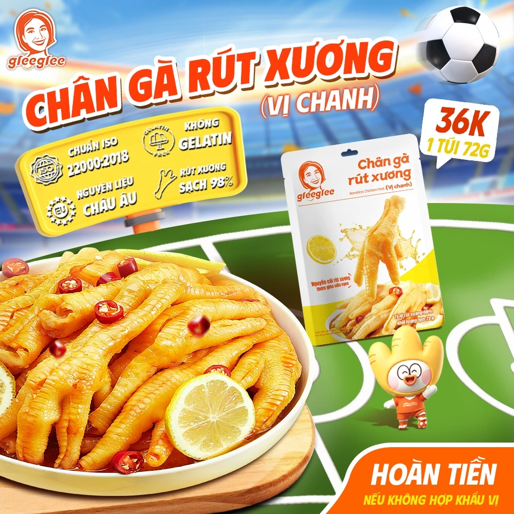 Chân Gà Rút Xương GleeGlee Vị CHANH 72g, Tỉ lệ >98% Sạch Xương, Ăn Liền Tiện Lợi, Chuẩn ISO 22000, Túi