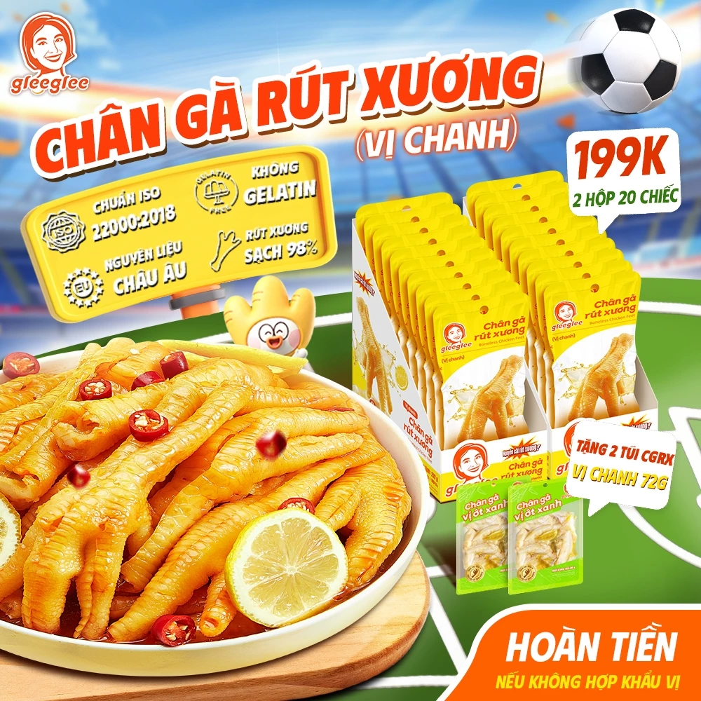 Combo Chân Gà Rút Xương GleeGlee Vị CHANH 21g Tỉ lệ >98% Sạch Xương Ăn Liền Tiện Lợi Chuẩn ISO 22000, Hộp 10 chân/20chân