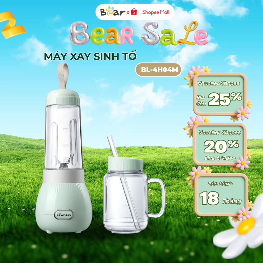 Máy xay sinh tố cầm tay mini đa năng Bear BL-4H04M, 150W, 2 cối lưỡi dao inox, Bảo Hành 18 tháng