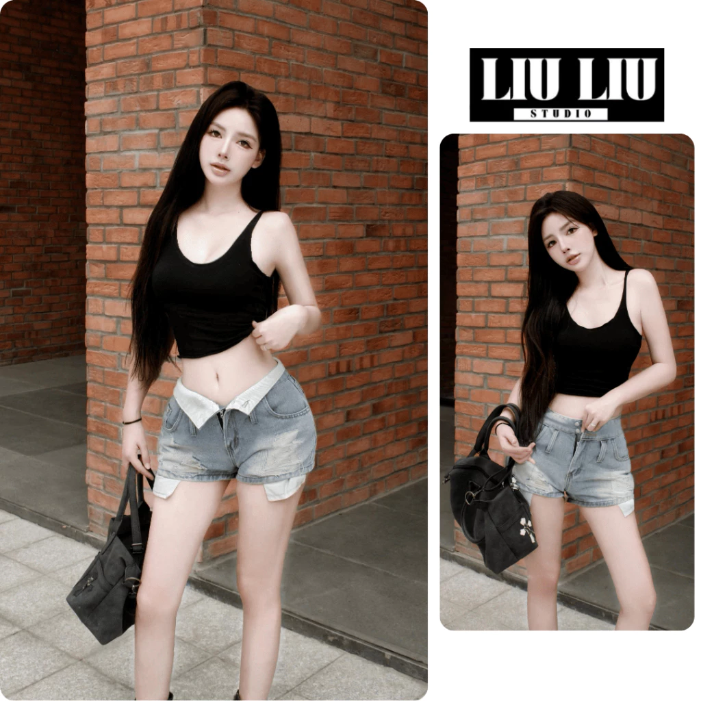Quần short jean nữ LIULIU STUDIO L40 cạp lật rách cá tính cạp trễ y2k dáng ôm tôn chân phong cách hàn quốc