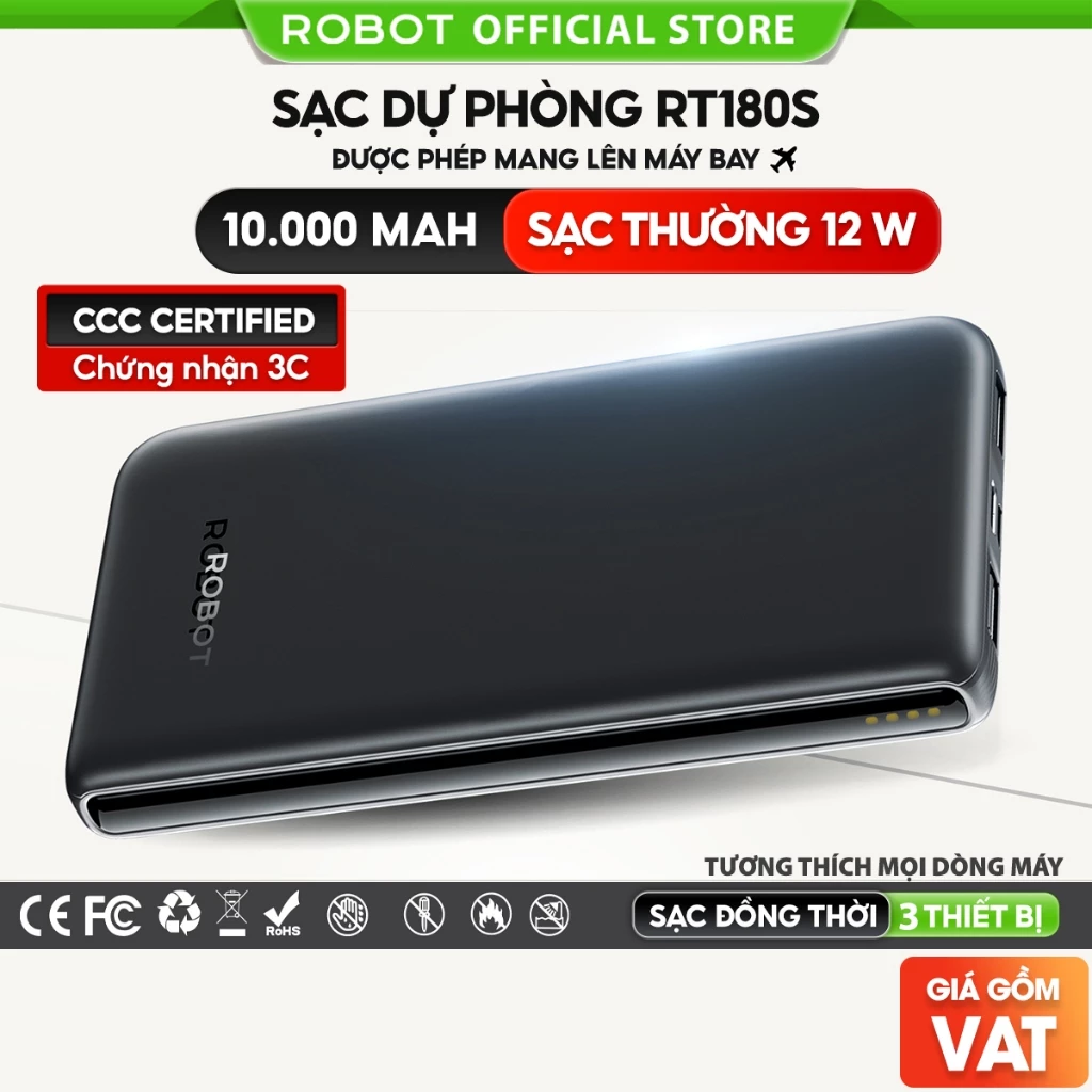 [Chứng nhận 3C] Pin sạc dự phòng RT180s 10000mAh ROBOT chính hãng bảo hành 12 tháng