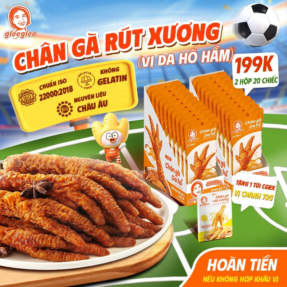 Chân Gà CÓ XƯƠNG GleeGlee DA HỔ Vị HẦM 28g Mềm Thơm Đậm Đà Ăn Liền Thịt Nhiều Chuẩn ISO 22000, Hộp 10 chân/20 chân