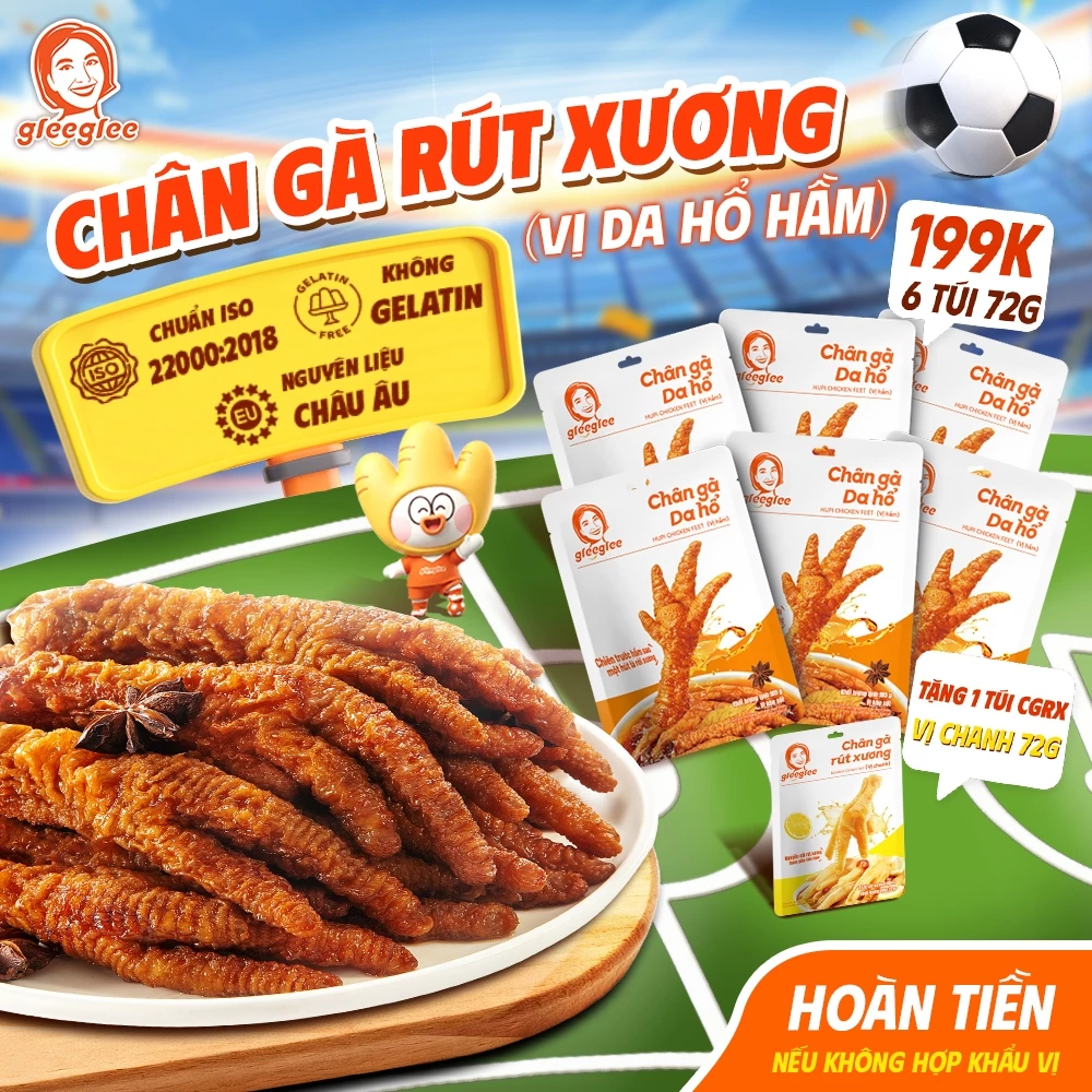 Combo Chân Gà CÓ XƯƠNG GleeGlee DA HỔ Vị HẦM 105g Mềm Thơm Đậm Đà Ăn Liền Thịt Nhiều Chuẩn ISO 22000, Túi