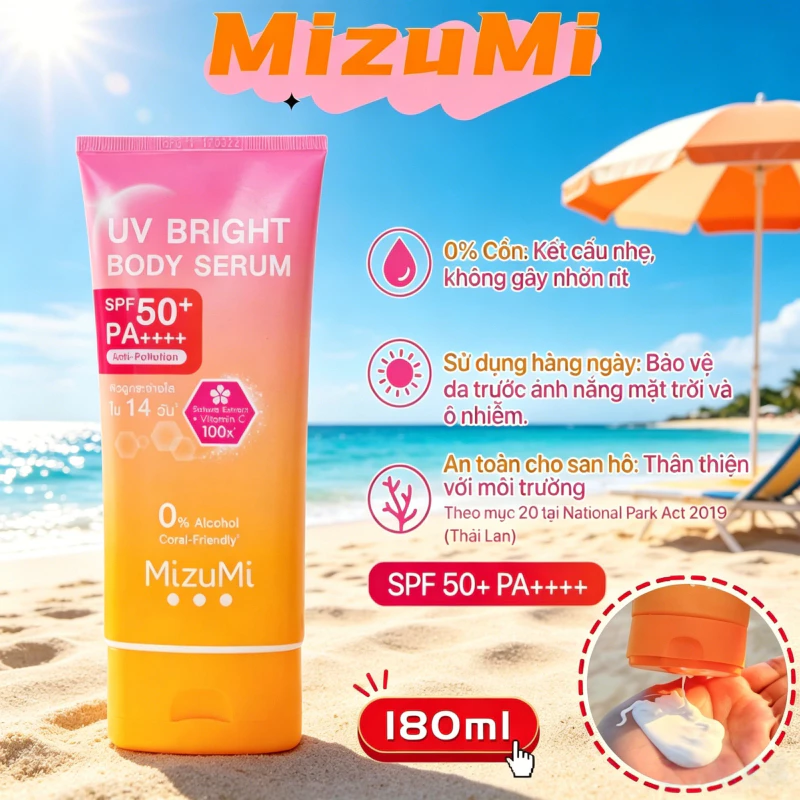 Serum Chống Nắng Body Mizumi UV Bright Body Serum SPF50 PA++++ 180ml Vit C Gluta Làm Đều Màu Da