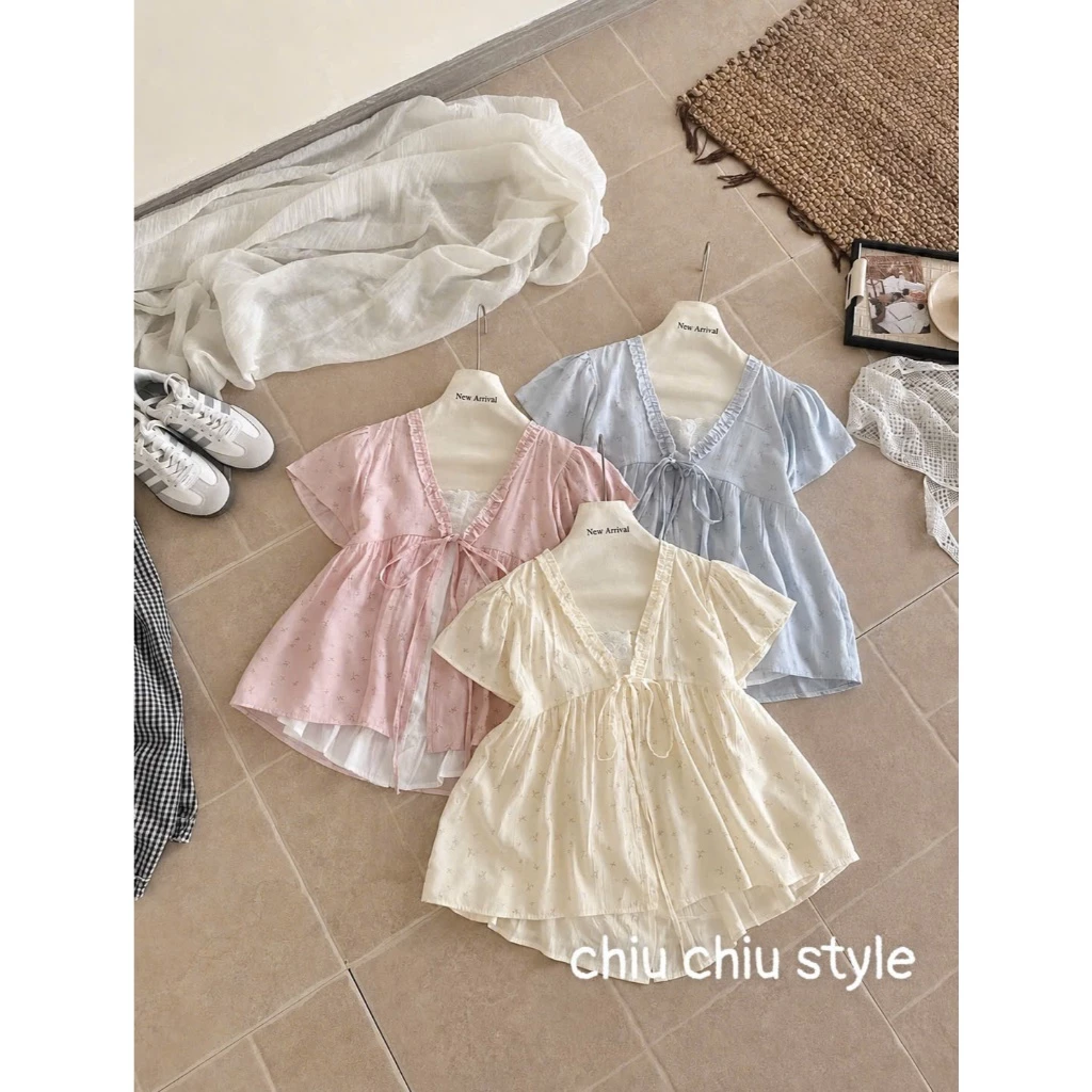 Áo babydoll hoa nhí phối Bula cổ V xinh xắn che khuyết điểm nhiều màu cực xinh
