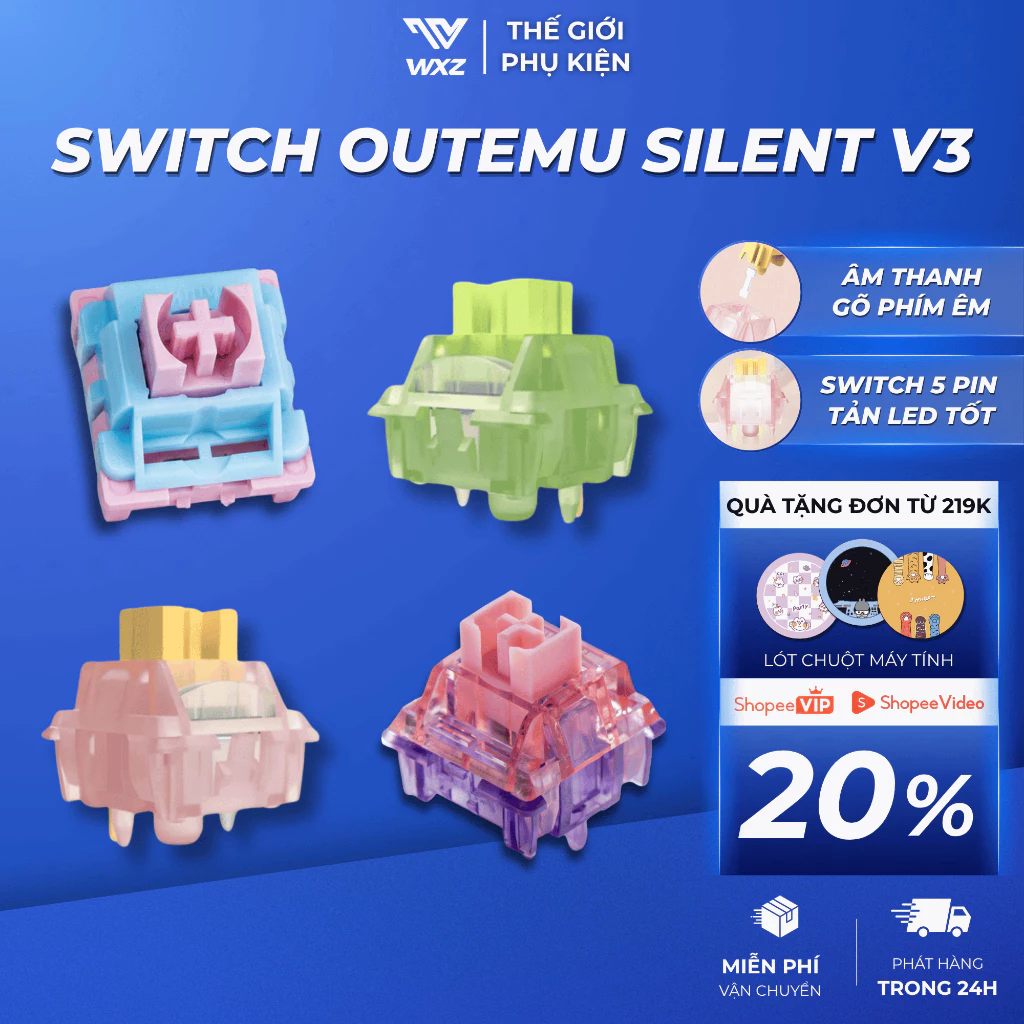 Switch Outemu Silent V3 5 Chân Xuyên LED, Công Tắc Bàn Phím Cơ Gõ Êm, Giảm Ồn, Dùng Hotswap 5 Chấu