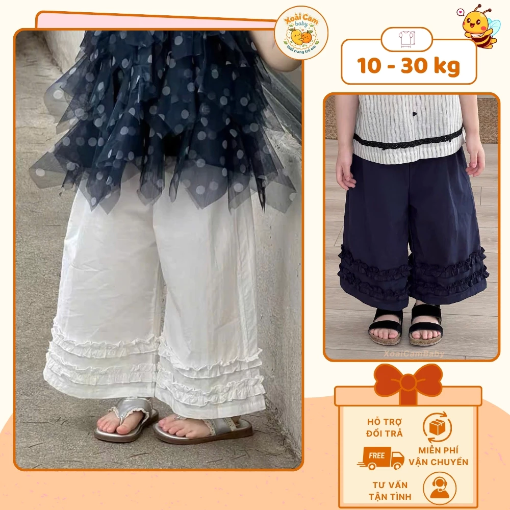 Quần Bé Gái Ống Rộng Cotton Mềm Viền Bèo, Quần Suông Dáng Rộng Thoáng Mát Xinh Xắn Co Giãn Cho Bé Đi Học, Đi Chơi - M65