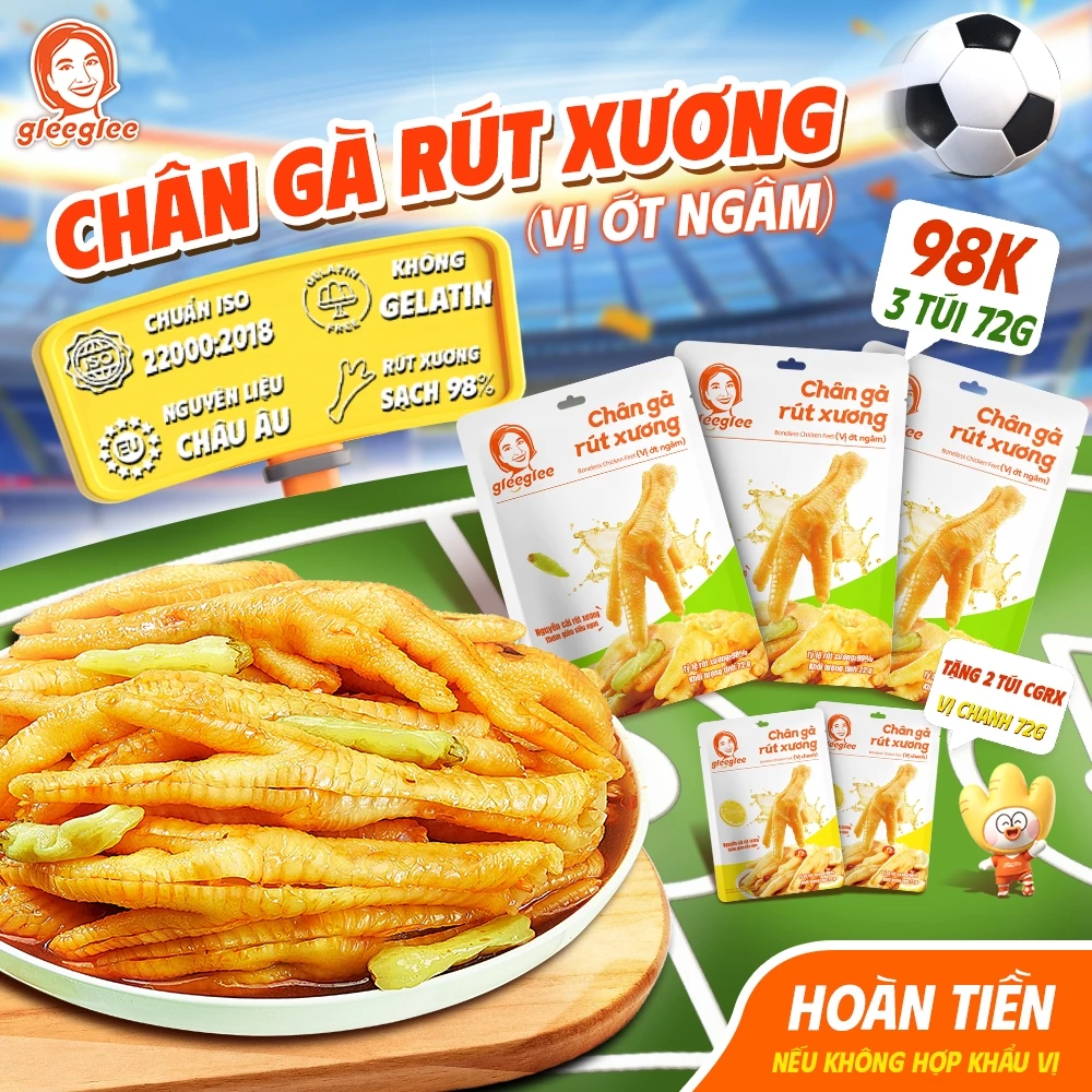 Combo Chân Gà Rút Xương Gleeglee ỚT NGÂM 72g Cay Nồng Sạch Xương >98% Ăn Liền Chuẩn ISO 22000, Túi