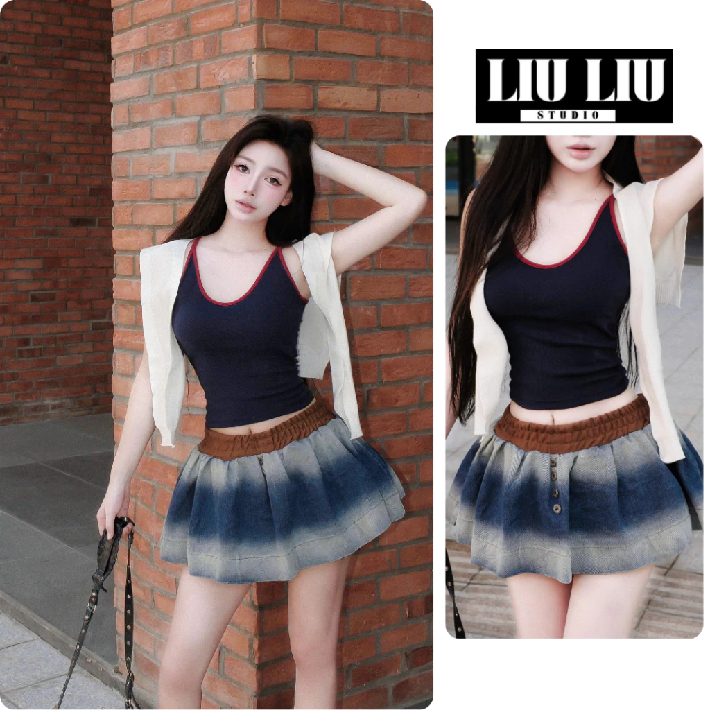 Chân váy jean LIULIU STUDIO L41 xoè cạp chun phối cạp nâu ombre denim nữ dáng ngắn trẻ trung ulzzang thời trang