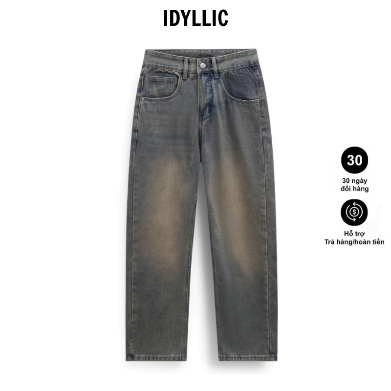 Quần Jean Unisex Ống Suông Rộng Màu Xanh Vàng Wash Chất Denim Xịn Phong Cách Retro Có Túi IDYLLIC