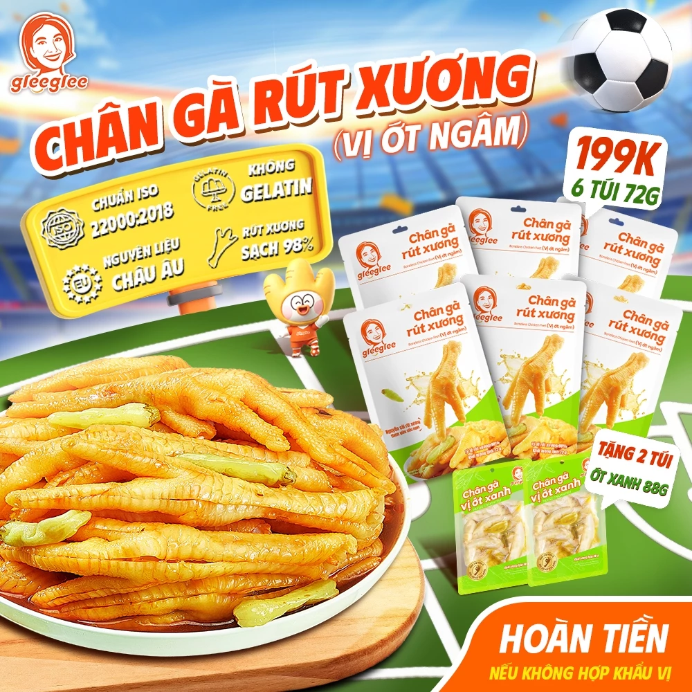 Combo Chân Gà Rút Xương GleeGlee ỚT NGÂM 72g Cay Nồng Sạch Xương >98% Ăn Liền Chuẩn ISO 22000, 3/ 6 túi