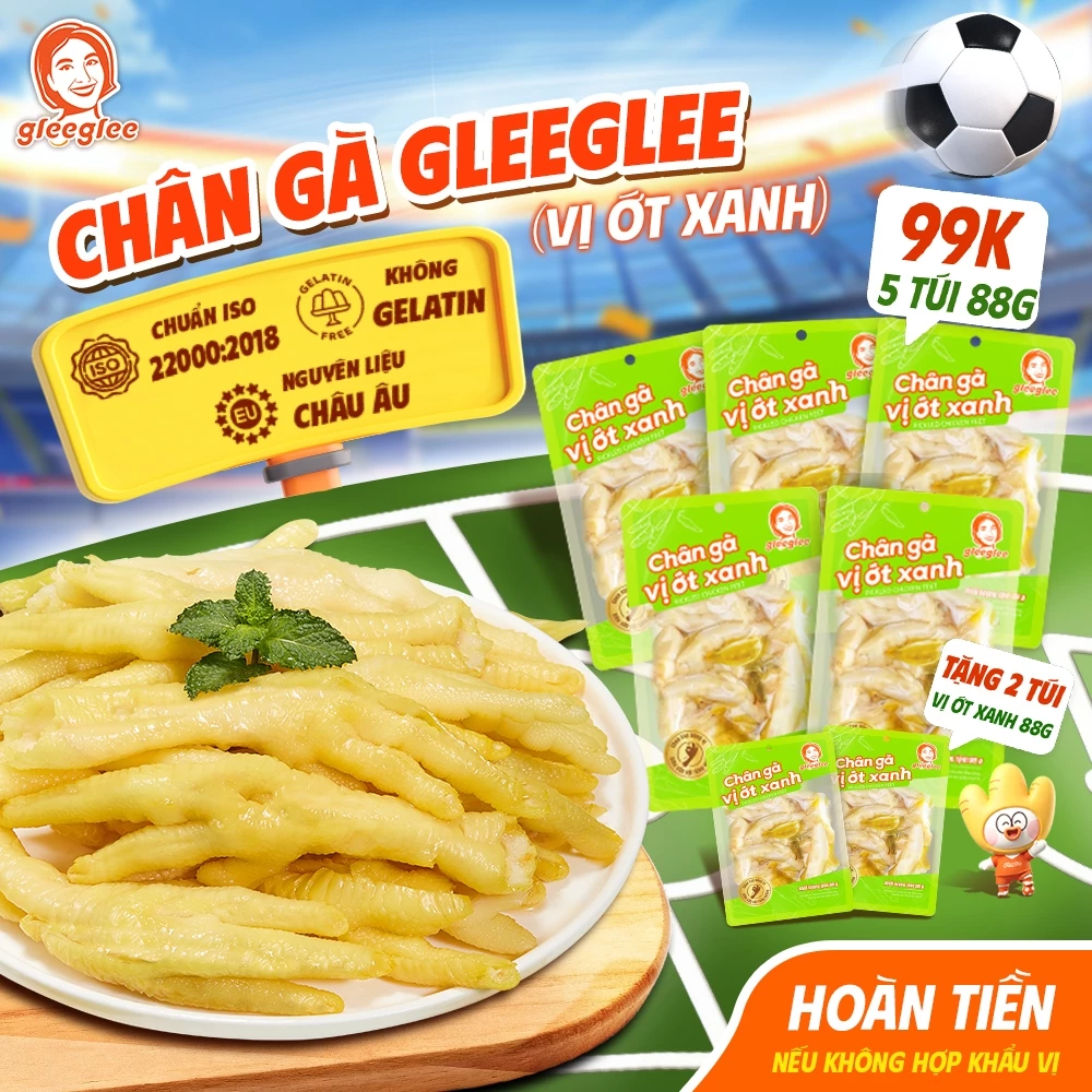 Combo Chân Gà CÓ XƯƠNG GleeGlee ỚT XANH 88g Cay Tê Tự Nhiên Nhiều Thịt Ăn Liền Chuẩn ISO 22000, Túi
