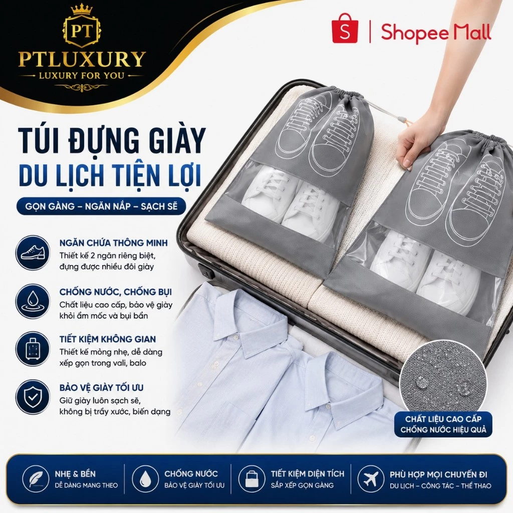 [ COMBO 10 CÁI ] Túi Đựng Giày Dép PTLUXURY Có Dây Treo Vali, Túi Bảo Quản Giày Dép Chống Bụi Bẩn Ẩm Mốc