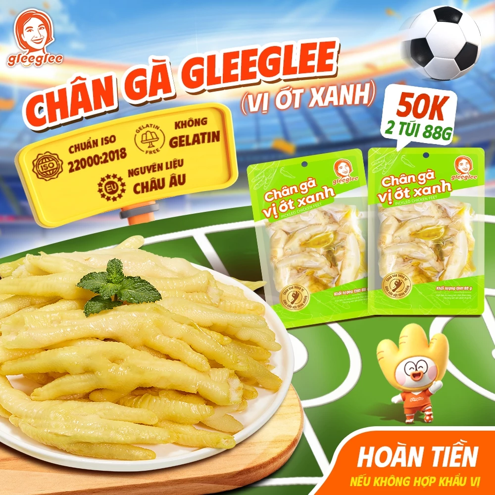 Chân Gà CÓ XƯƠNG GleeGlee ỚT XANH 88g, Cay Tê, Đậm Đà Nhiều Thịt, Ăn Liền, Chuẩn ISO 22000, TÚI