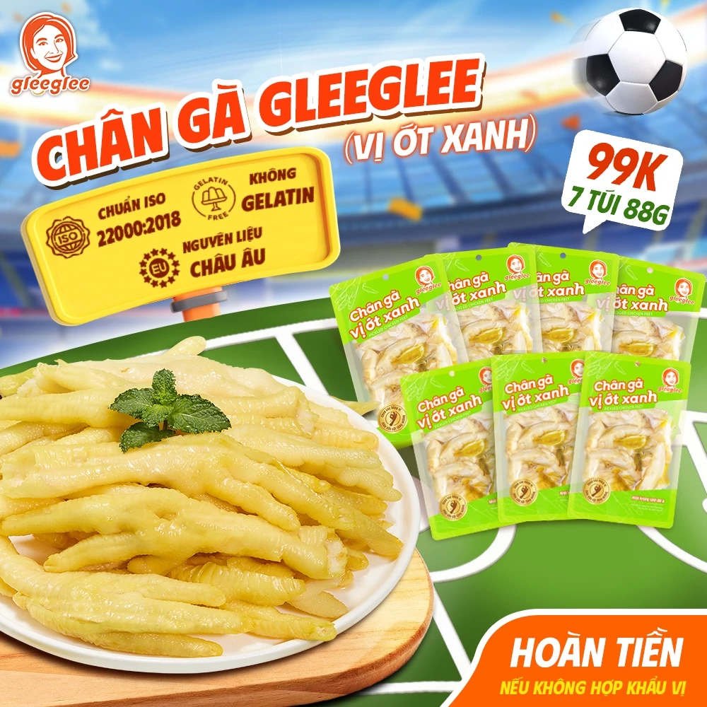 Combo 7 Túi Chân Gà CÓ XƯƠNG GleeGlee ỚT XANH 88g Cay Tê Tự Nhiên Nhiều Thịt Ăn Liền Chuẩn ISO 22000, Túi