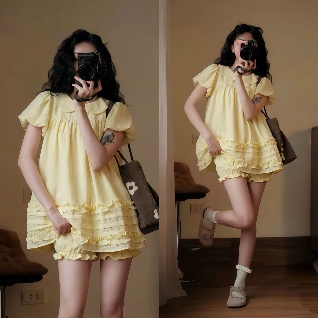 (KÈM QUẦN) Kozoda Đồ Ngủ Đũi Vân Mây BN95 Họa Tiết Viền Bèo Sóng Dễ Thương Dáng Babydoll Ngắn Tay Thoải Mái