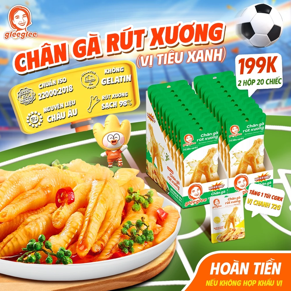 Combo Chân Gà Rút Xương GleeGlee TIÊU XANH 21g Cay Tê Thơm Chắc Thịt Sạch Xương >98% Chuẩn ISO 22000, Hộp 10 chân/20chân