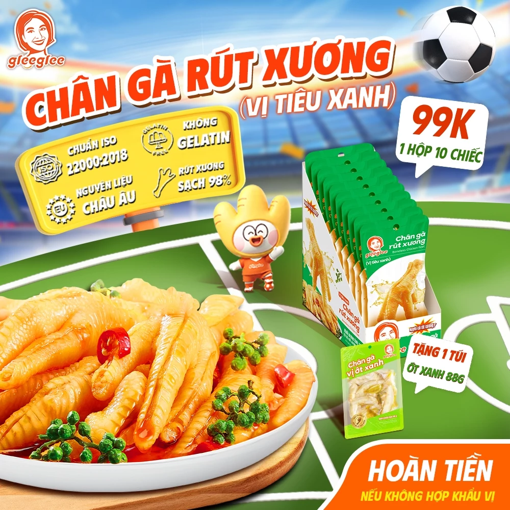 Chân Gà Rút Xương Vị TIÊU XANH GleeGlee 21g Cay Tê, Giải Ngán Ngày Tết, Chuẩn ISO 22000,Hộp 10 chân/20 chân