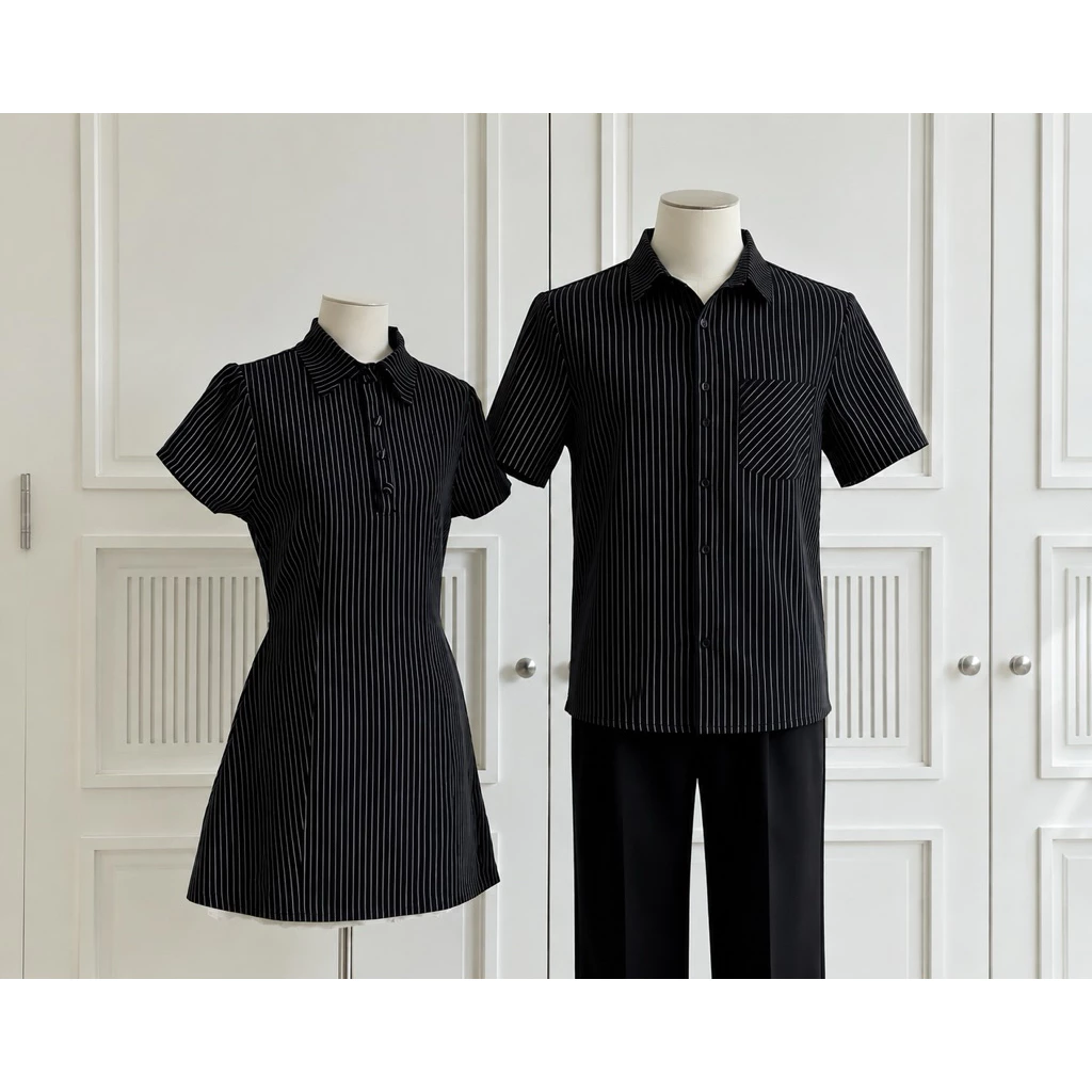 (S - 96) [GIÁ MỞ BÁN] Set đồ đôi nam nữ couple váy kẻ thiết kế cổ đức phối viền ren và áo sơmi nam kẻ ,đồ đôi