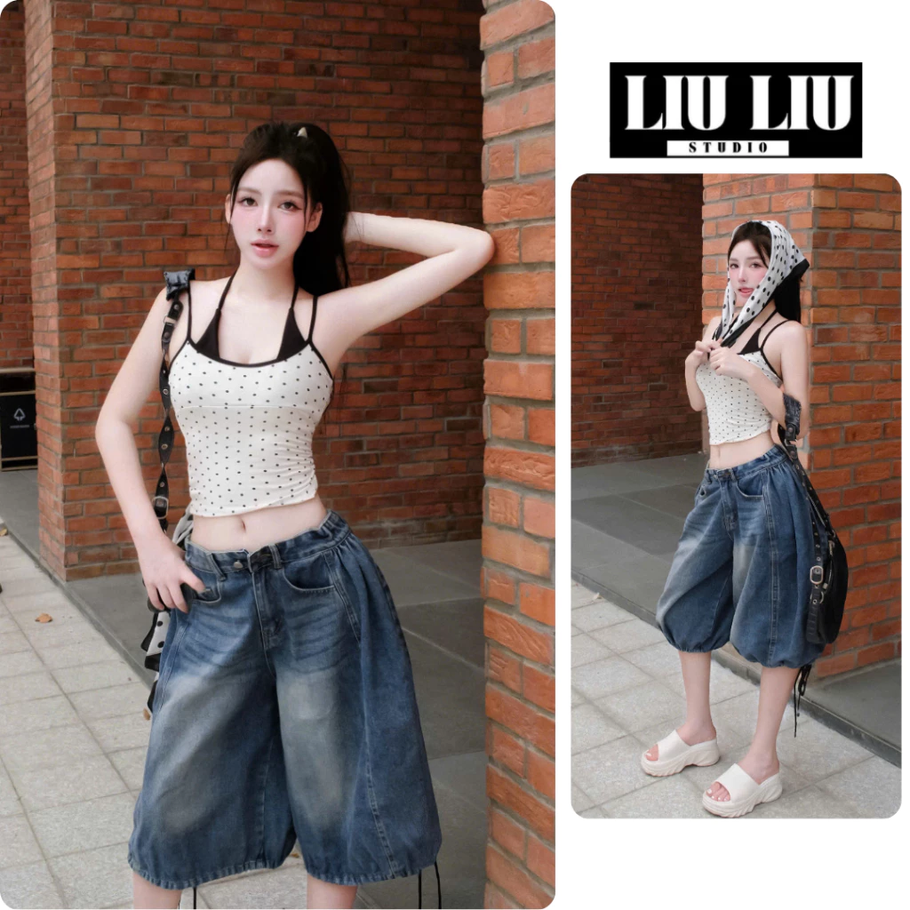 Quần jean lửng LIULIU STUDIO L42 dáng balloon wash xanh lưng thun sau gấu rút dây cá tính phong cách y2k nữ