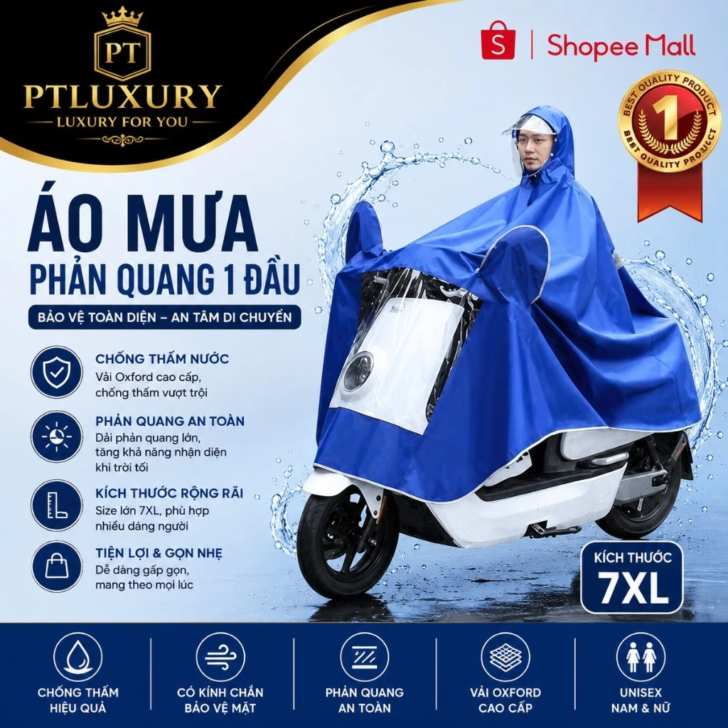 Áo mưa PTLUXURY đi xe máy kích thước lớn che phủ toàn thân chống mua bão tuyệt đối