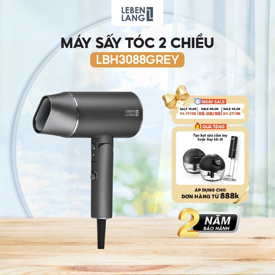 Máy Sấy Tóc 2 Chiều Nóng Lạnh Lebenlang LBH3088GREY, 2100W Ion Âm Chống Xơ Rối Gấp Gọn