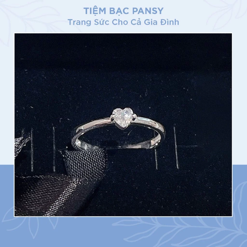 Nhẫn bạc nữ PANSY tim tiny mảnh đính đá lấp lánh - TIỆM BẠC PANSY