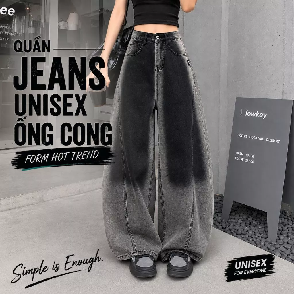Quần jeans ống cong ZGO dáng rộng thụng wash chất vải dày dặn nam nữ đều mặc được Qzg17