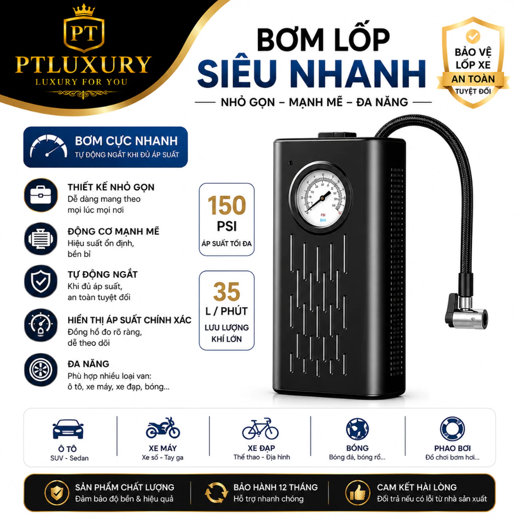 Máy bơm lốp ôtô cầm tay sạc USB ngắt tự động,thiết kế nhỏ gọn công suất lớn
