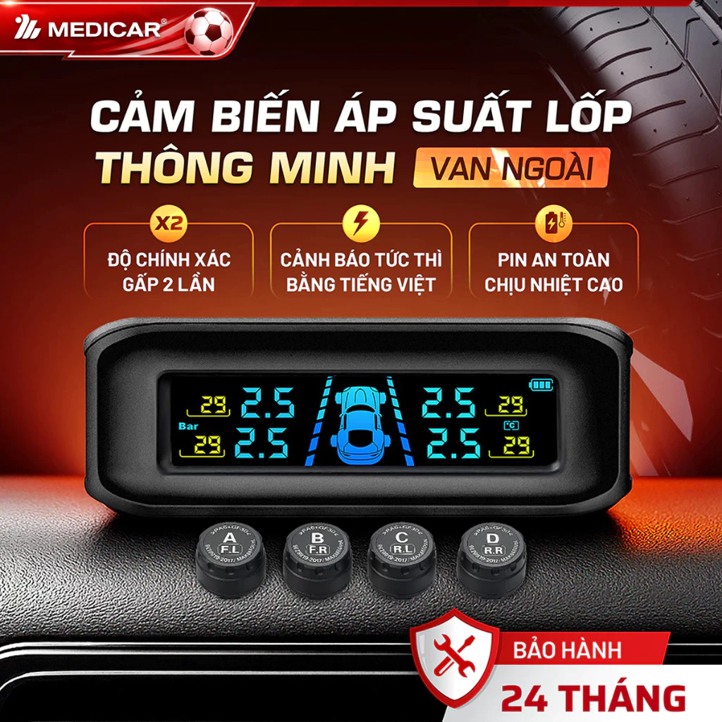 [TPMS] CẢM BIẾN ÁP SUẤT LỐP Ô TÔ Medicar – Cảnh báo tức thì bằng Tiếng Việt, đo áp suất lốp ô tô chính xác X2 lần