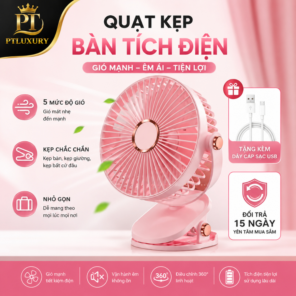 Quạt tích điện PLSHARK kẹp bàn mini để bàn có đèn led dung lượng pin lớn