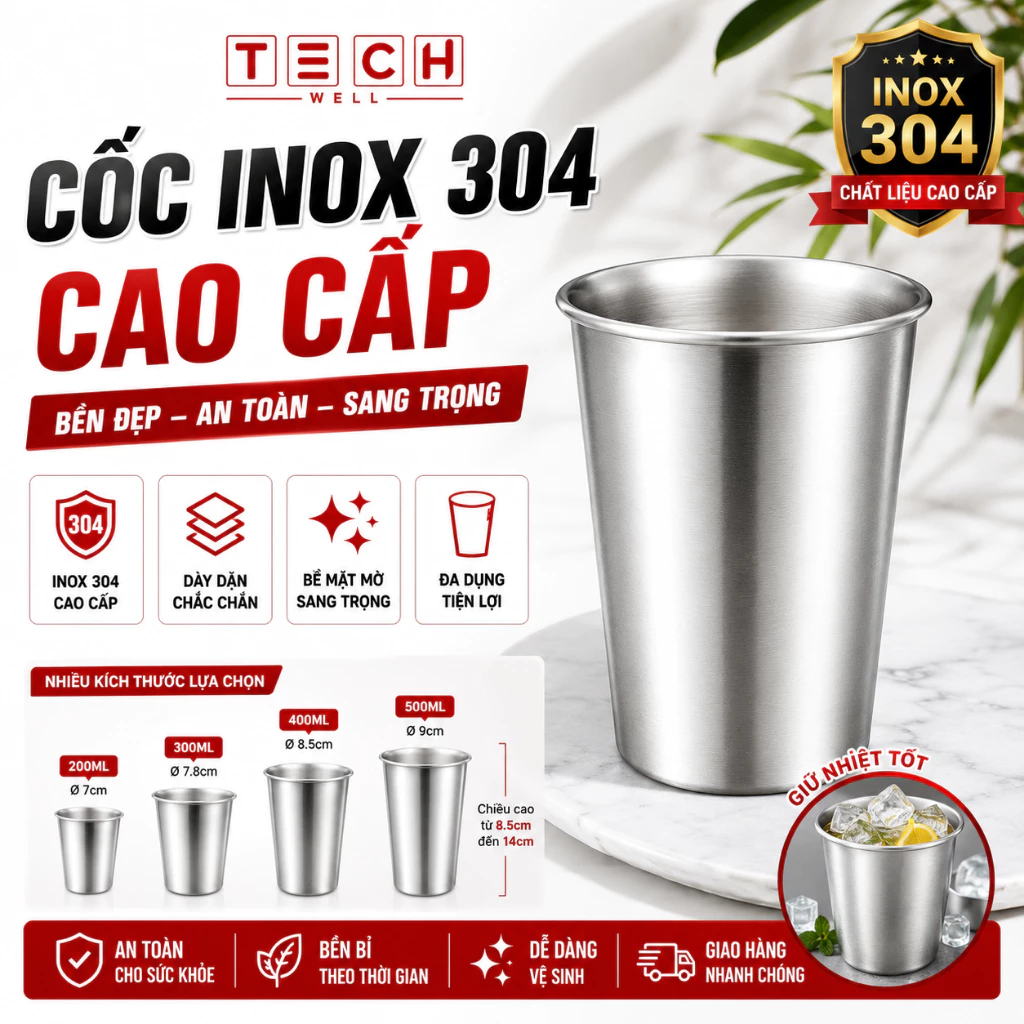 Ly inox 304 cao cấp, Ly uống nước chất liệu thép không gỉ, Cốc Inox dày dặn, giữ nhiệt, an toàn